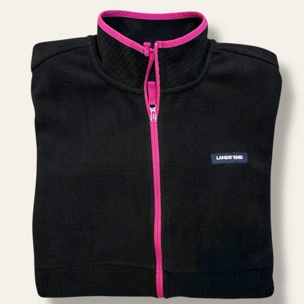 Lands’ End Grid Fleece Jacket Full Zip XXL 20 Black Pink Trim - Picture 3 of 7